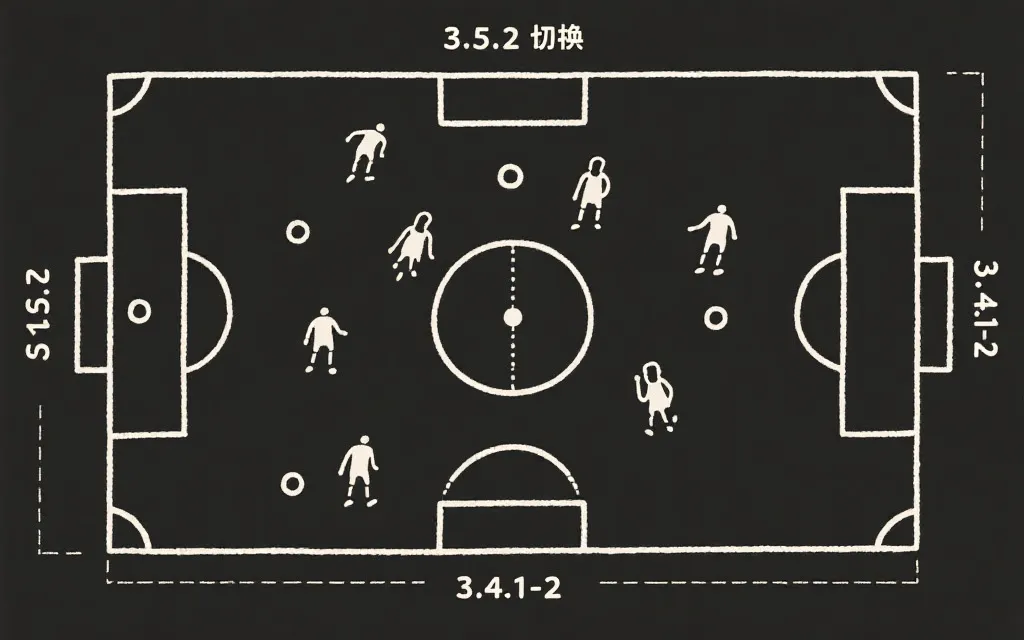 3-5-2阵型在进攻与防守转换中的站位示意，翼卫回撤形成五后卫，双前锋保持中路威胁，战术示意图风格