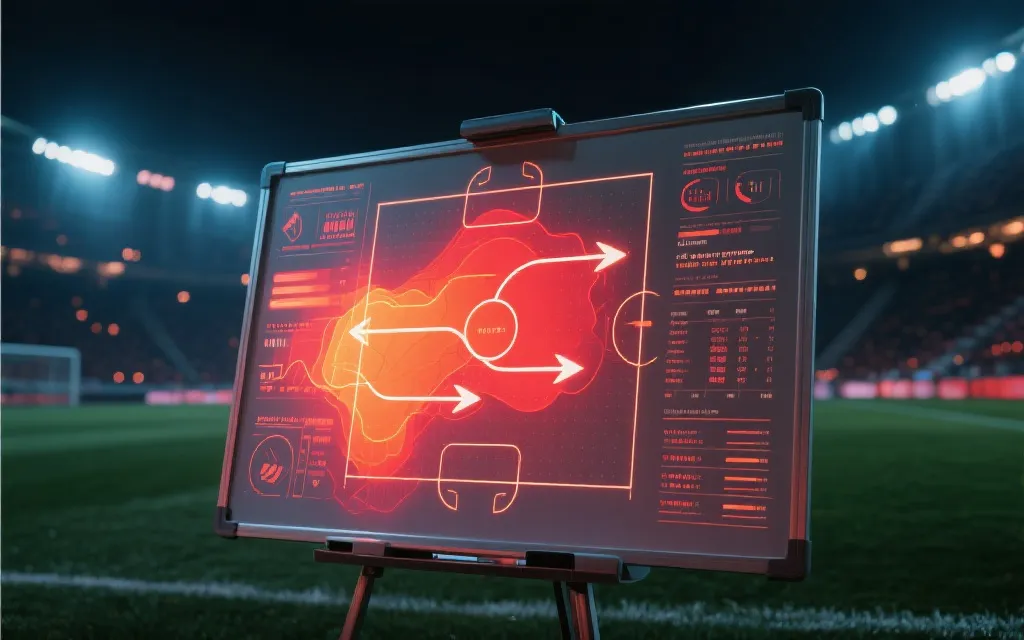 夜晚球场的战术板与数据叠层视觉，体现角球xG与跑位线路