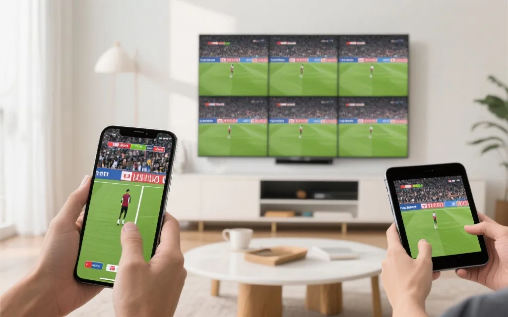 手机、平板与电视多屏同步观看足球直播的场景，强调合法与清晰