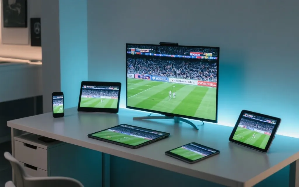 手机、平板与电视多屏同时观看体育直播的设备布局示意